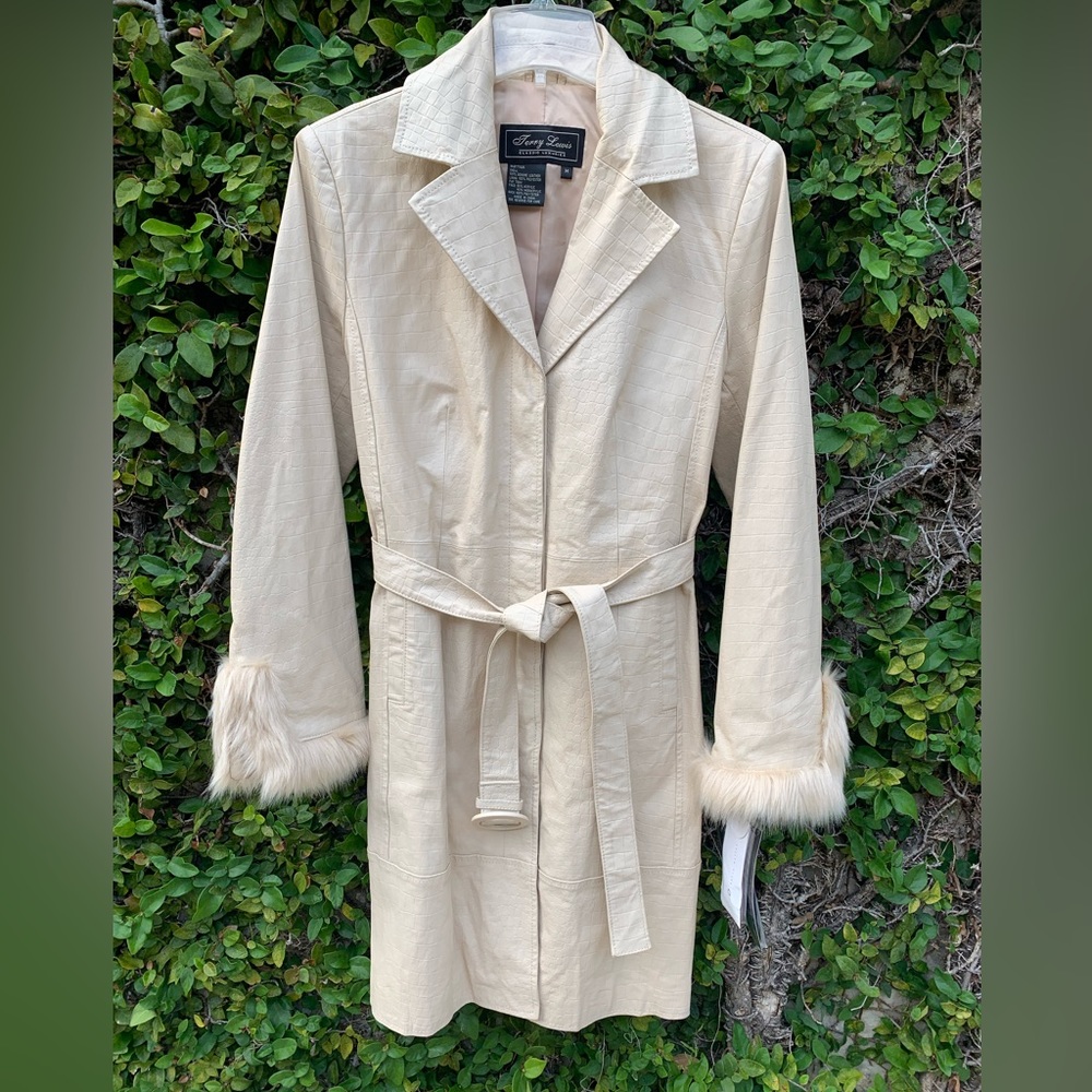 Vintage NWT TERRY LEWIS Removeable Faux Fur Genuine Leather Trench Coat Size M